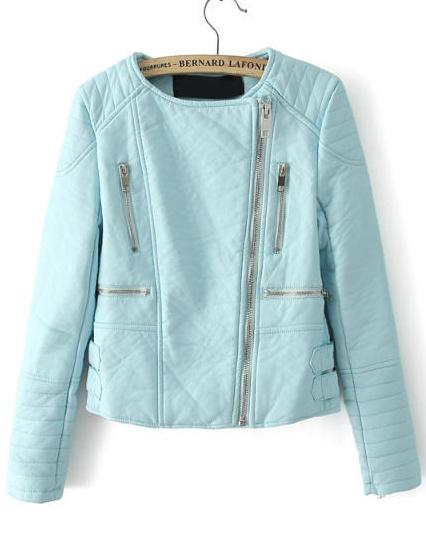 Romwe Zipper Crop Pu Jacket-blue