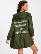 Romwe Slogan Print Back Drawstring Hem Hooded Coat
