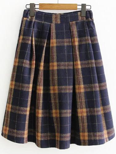 Romwe Plaid Back Zipper Pleated Skirt