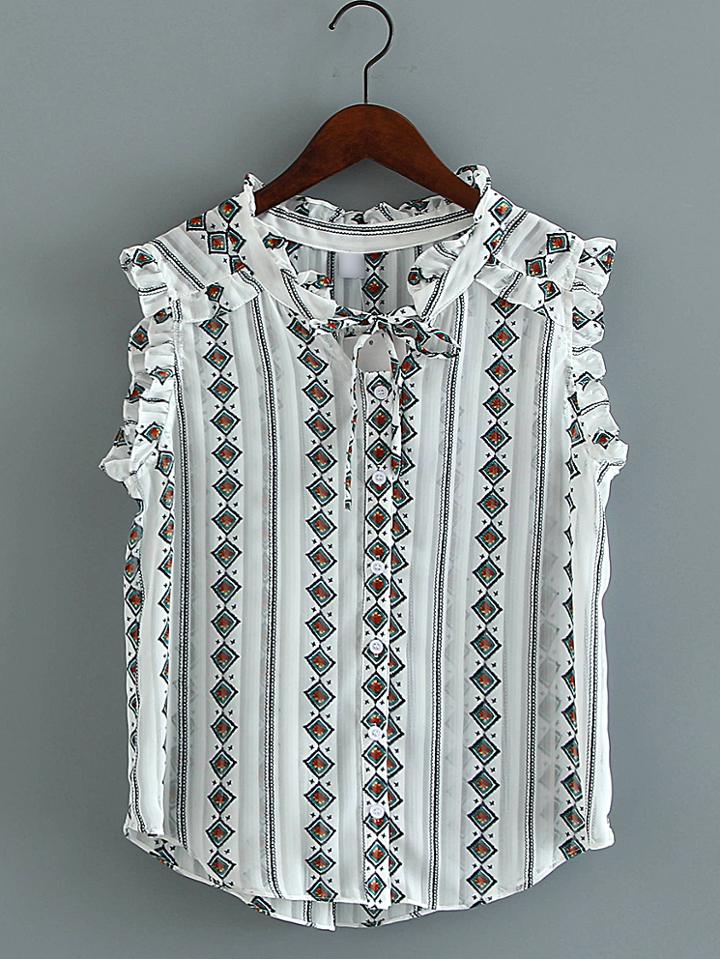 Romwe White Printed Self Tie Button Chiffon Blouse
