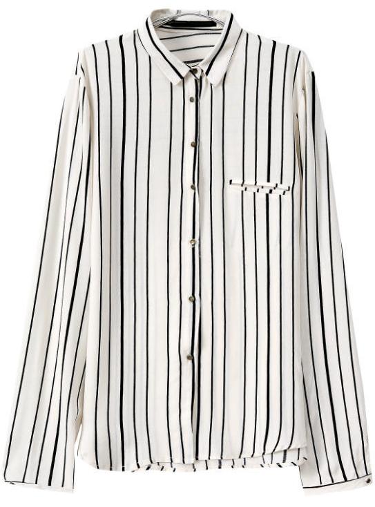 Romwe Vertical Striped Buttons White Blouse