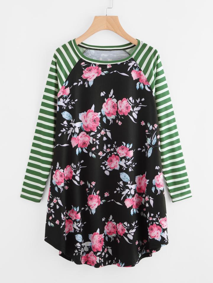 Romwe Striped Raglan Sleeve Floral Tee Dress