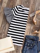 Romwe Striped T-shirt With Gingham Ruffle Sleeve