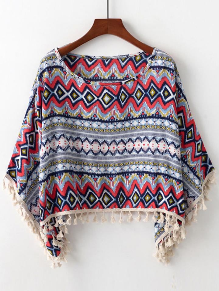 Romwe Geo Print Fringe Trim Cape Tee
