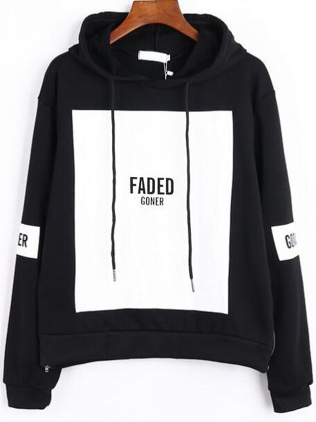 Romwe Black White Hooded Patterns Letters Print Loose Sweatshirt