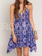 Romwe Blue Spaghetti Strap Backless Vintage Print Dress