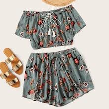 Romwe Plus Floral Print Drawstring Blouse With Shorts
