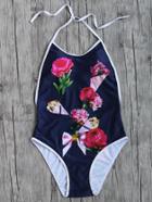 Romwe Navy Flower Print Contrast Trim Halter One-piece Swimwear