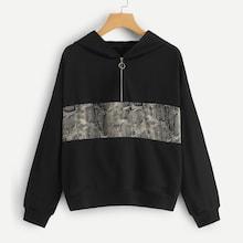 Romwe Snake Print Panel Half Placket Sweatshirt
