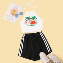 Romwe Tropical Halter Top With Side Stripe Shorts