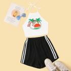 Romwe Tropical Halter Top With Side Stripe Shorts