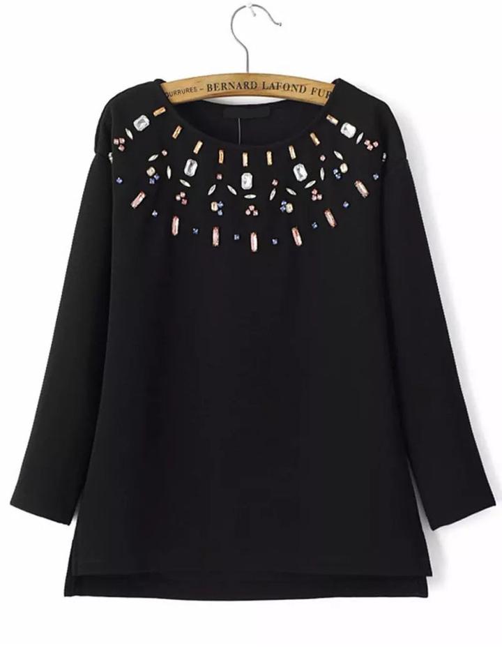 Romwe Black Rhinestone Embellished Slit Side Sweatshirt