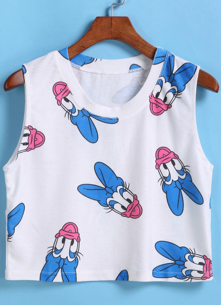 Romwe Donald Duck Print Blue Tank Top
