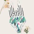 Romwe Striped & Tropical Cut-out One Piece Swimsuit