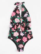 Romwe Plunge Neckline Open Back Floral Swimsuit