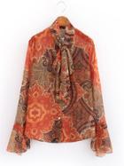 Romwe Tribal Print Tie Neck Flare Sleeve Blouse