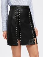 Romwe Studded Detail Raw Hem Pu Skirt