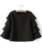 Romwe Black Round Neck Cascading Ruffle Crop Blouse