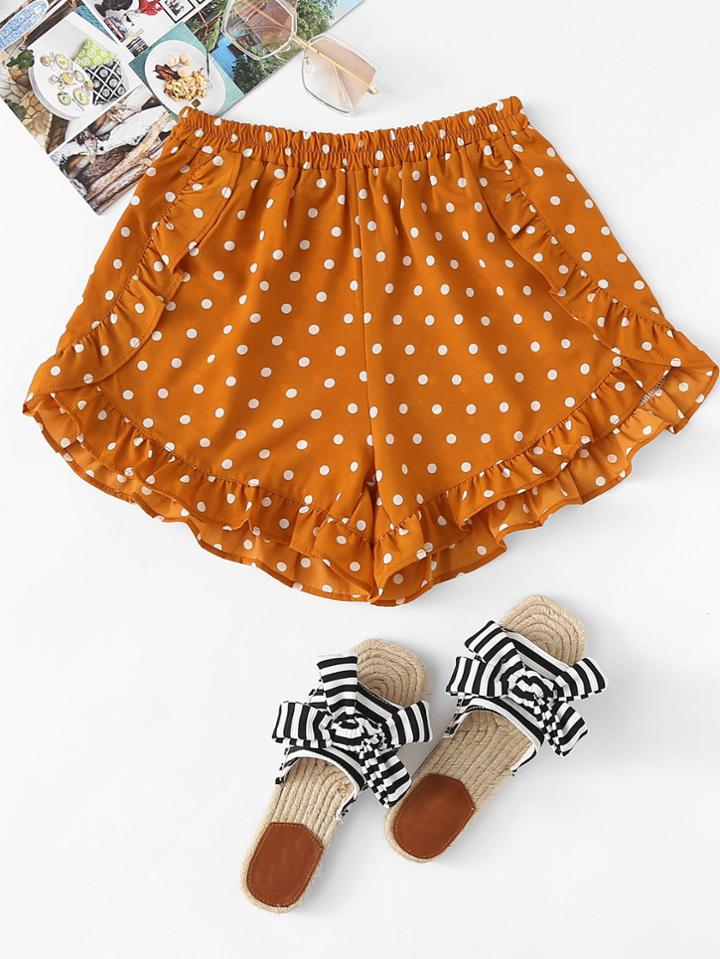Romwe Polka Dot Ruffle Shorts