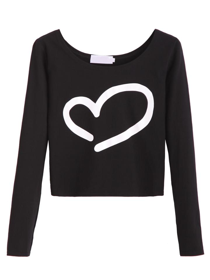 Romwe Black Heart Print Scoop Neck Crop T-shirt