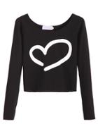 Romwe Black Heart Print Scoop Neck Crop T-shirt