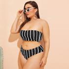 Romwe Plus Striped Bandeau With High Cut Bikini
