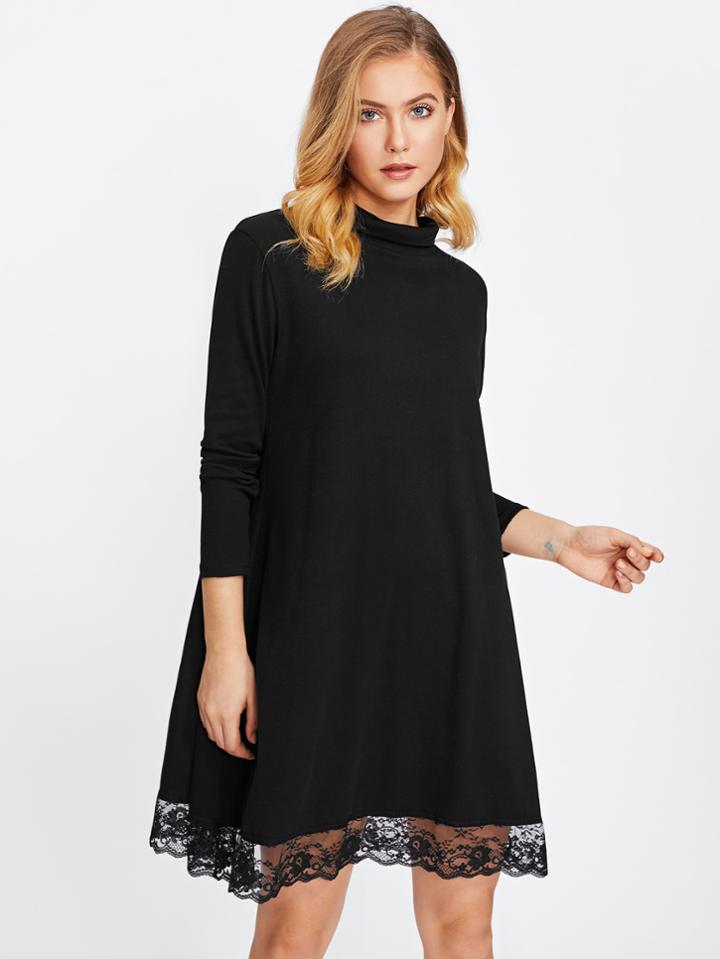 Romwe High Neck Lace Hem Dress