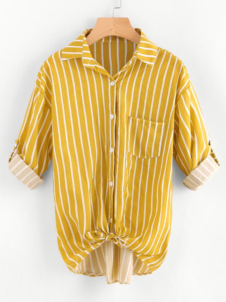 Romwe Rolled Cuff Striped Knot Front Dip Hem Blouse