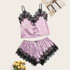Romwe Floral Lace Button Front Satin Cami With Shorts