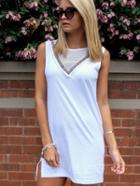 Romwe White Geommetric Hollow Embroidery Fringed Split Dress