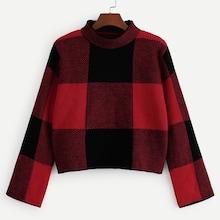Romwe Mock Neck Plaid Sweater