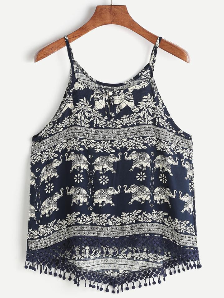 Romwe Aztec Print Crochet Lace Trim Dip Hem Cami Top