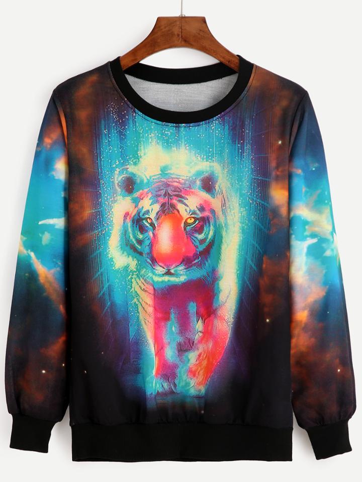 Romwe Contrast Trim Tiger Print Sweatshirt