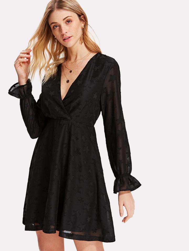 Romwe Star Mesh Sleeve Surplice Wrap Dress