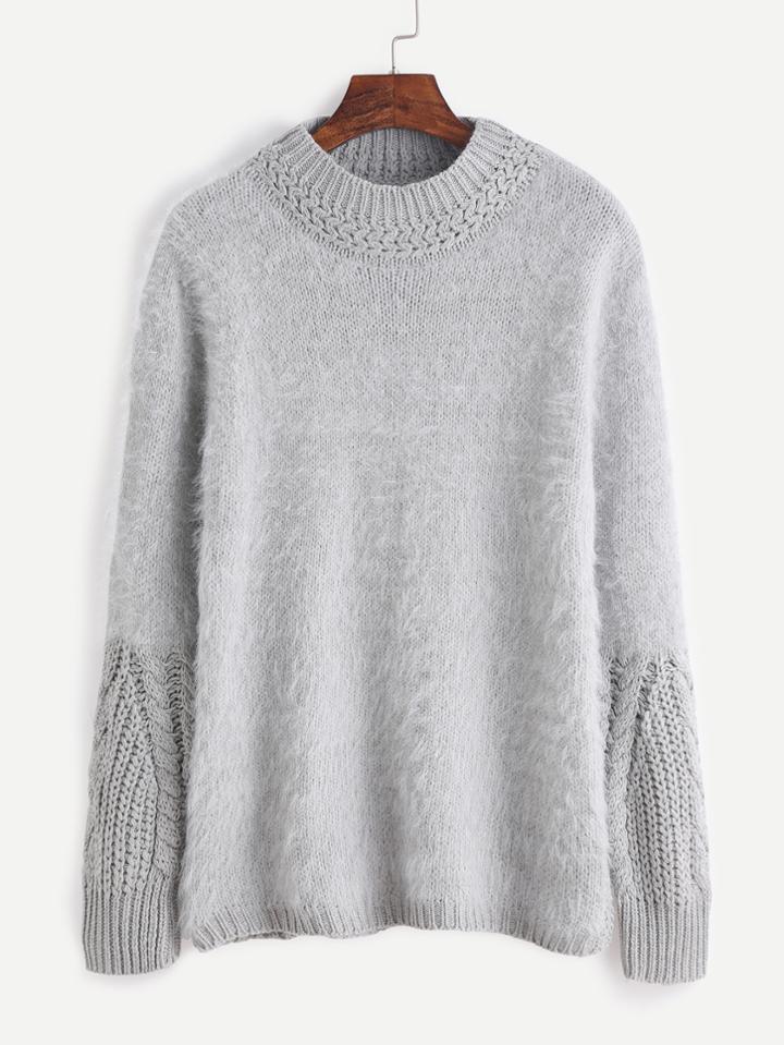 Romwe Grey Chunky Knit Contrast Fuzzy Sweater