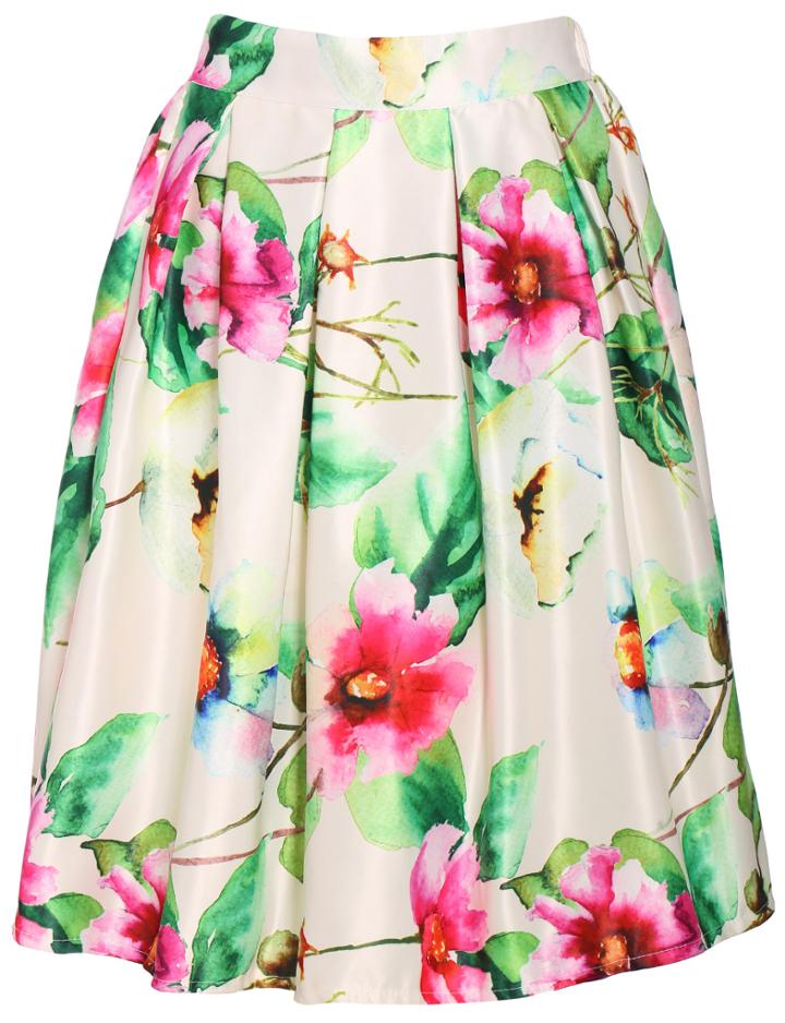 Romwe Elastic Waist Floral Midi White Skirt