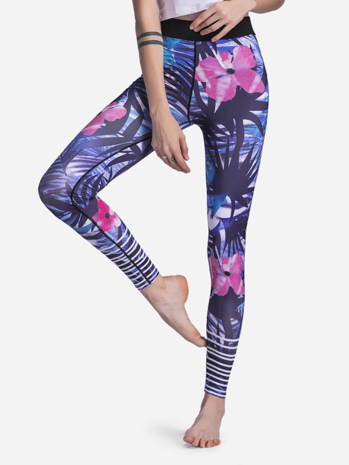 Romwe Contrast Waist Tropical Print Leggings