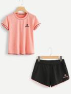 Romwe Letter Embroidered Tee With Shorts