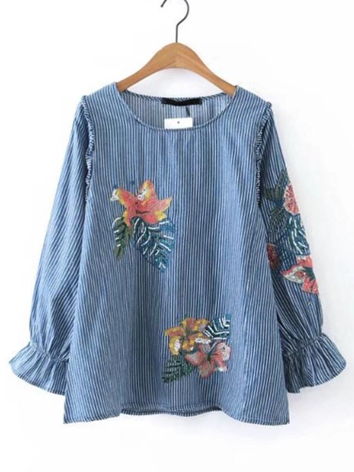 Romwe Vertical Striped Frill Trim Denim Blouse