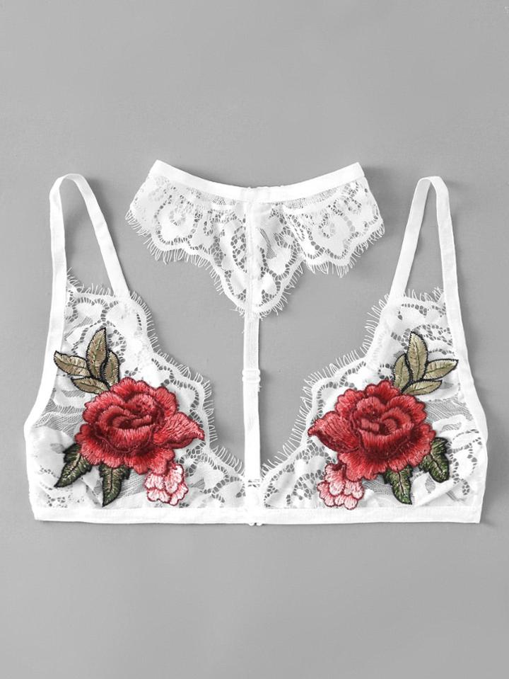 Romwe Embroidered Rose Patch Lace Choker Bralette