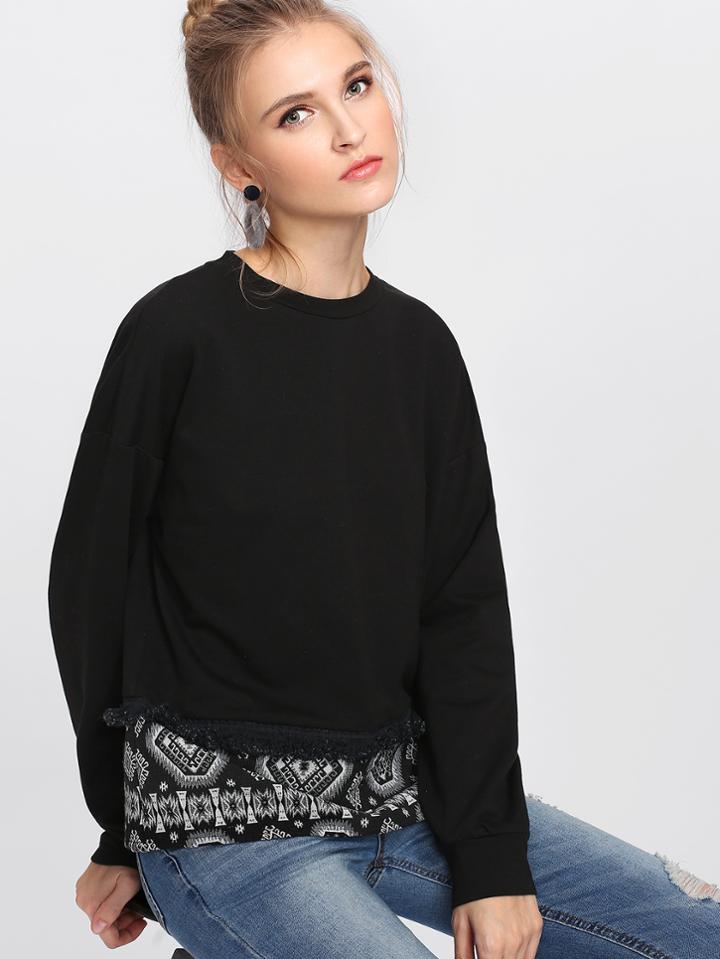 Romwe Fringe Detail Tribal Print Hem Pullover
