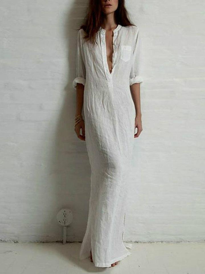 Romwe White Long Sleeve Split Maxi Dress