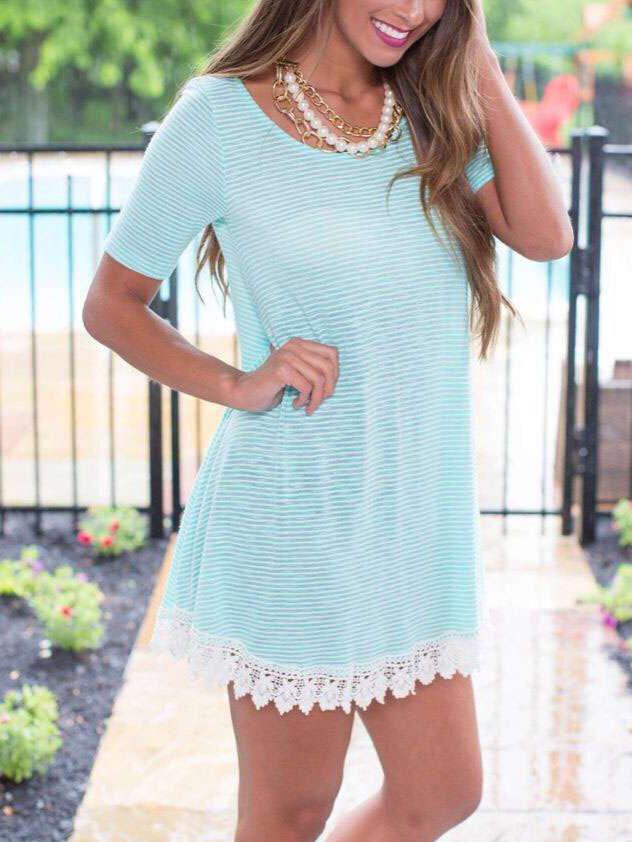 Romwe Blue Striped Crochet Trim T-shirt Dress
