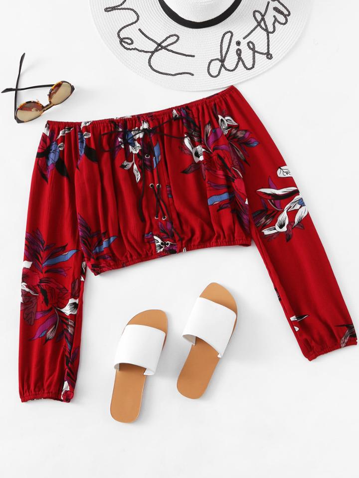 Romwe Bardot Floral Print Eyelet Lace Up Crop Top