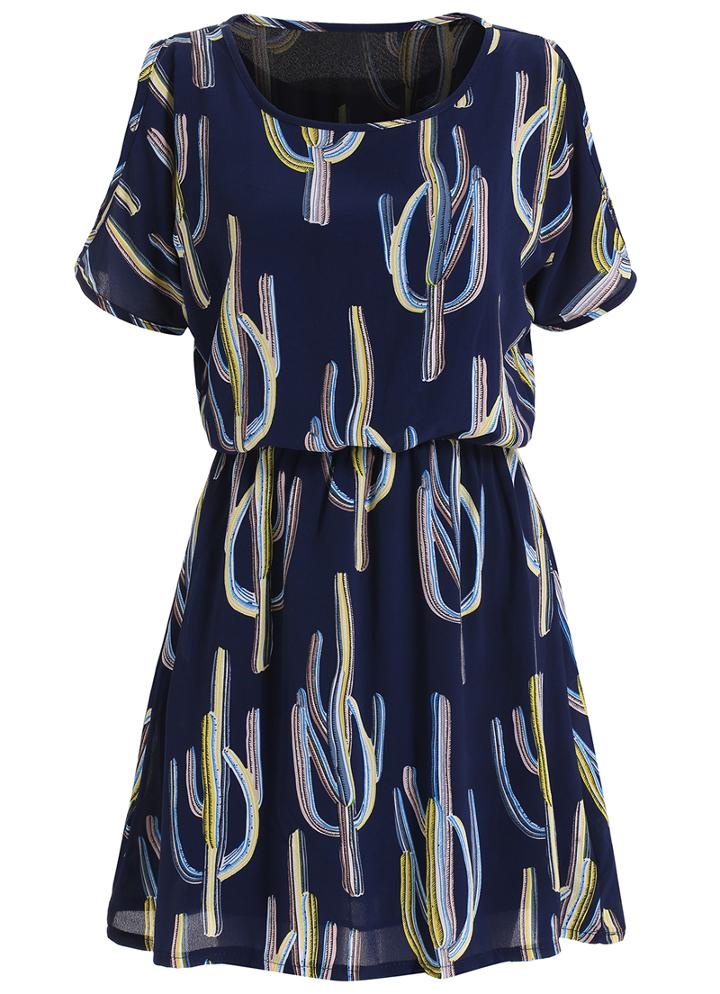 Romwe Open Shoulder Cactus Print Navy Dress
