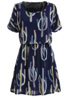 Romwe Open Shoulder Cactus Print Navy Dress