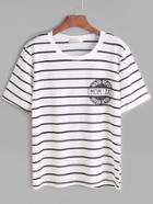 Romwe White Letter Print Striped T-shirt