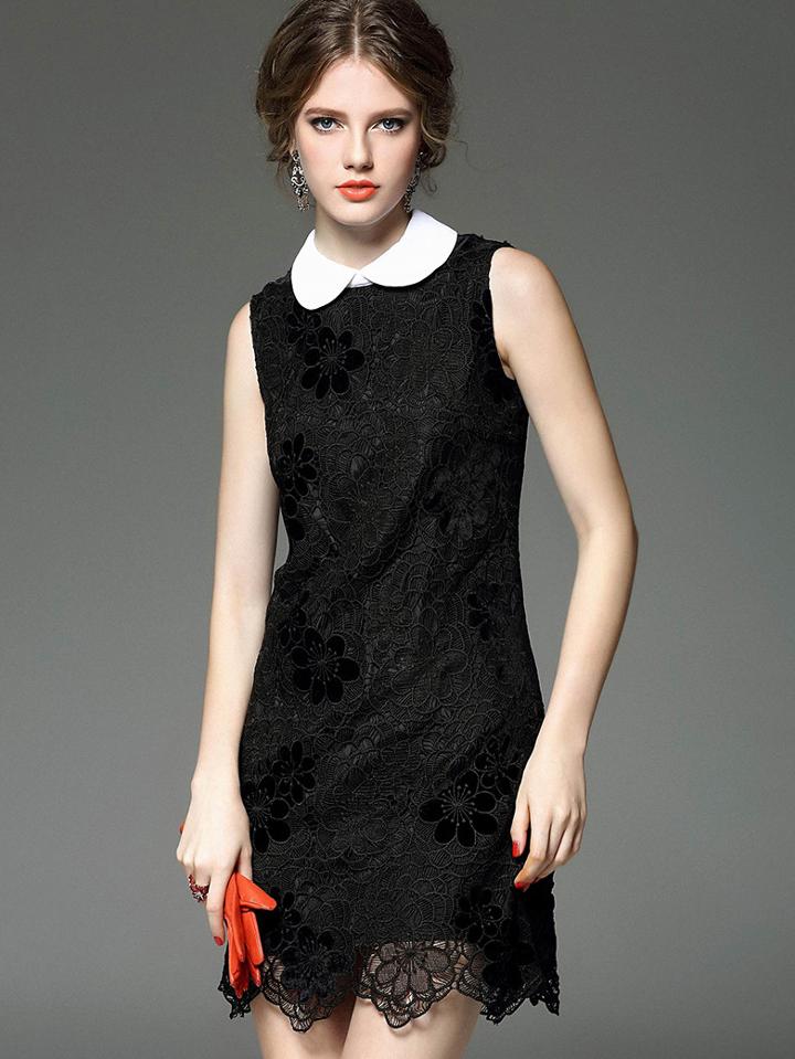 Romwe Black Lapel Sleeveless Hollow Lace Dress