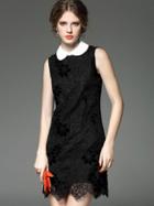 Romwe Black Lapel Sleeveless Hollow Lace Dress