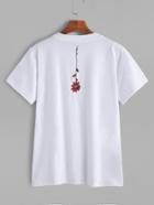 Romwe White Flower Embroidery Back T-shirt